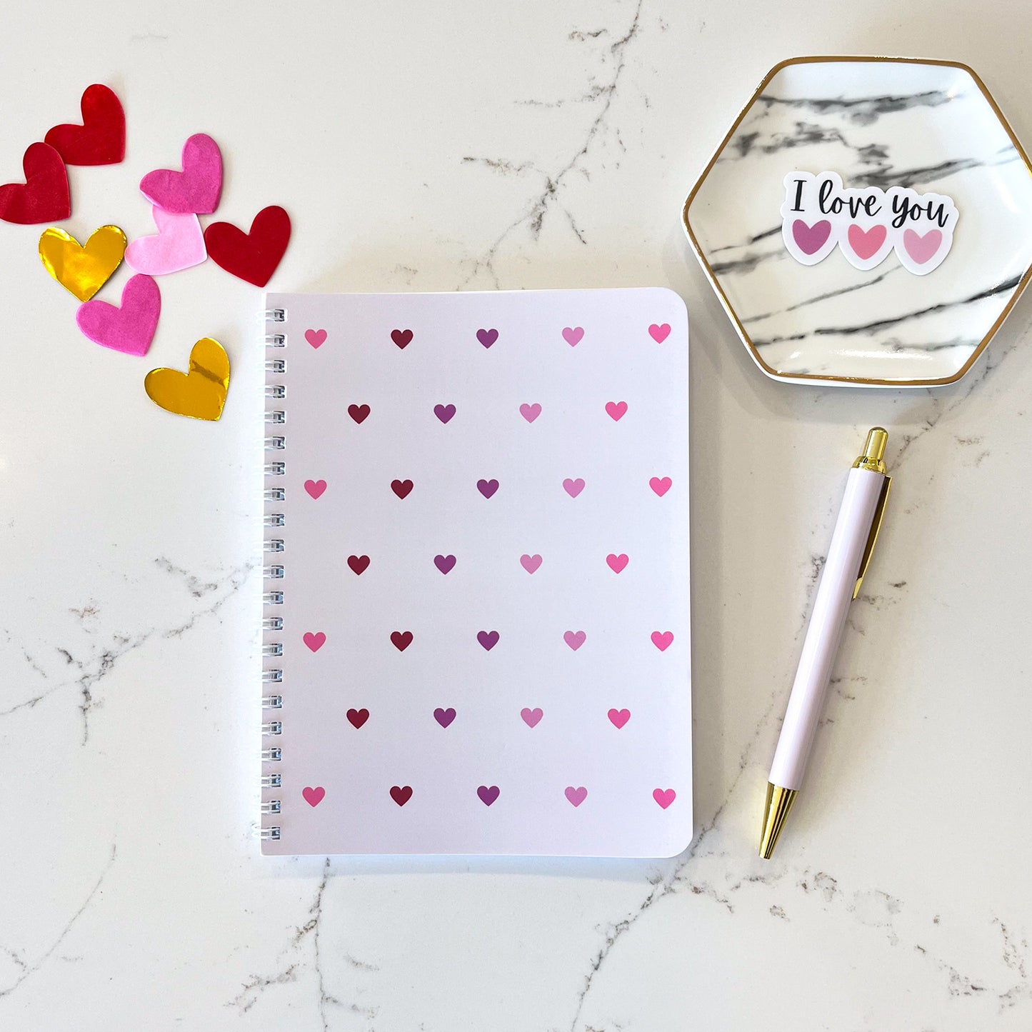 Small hearts love notebook flat lay. Perfect Valentines gift.
