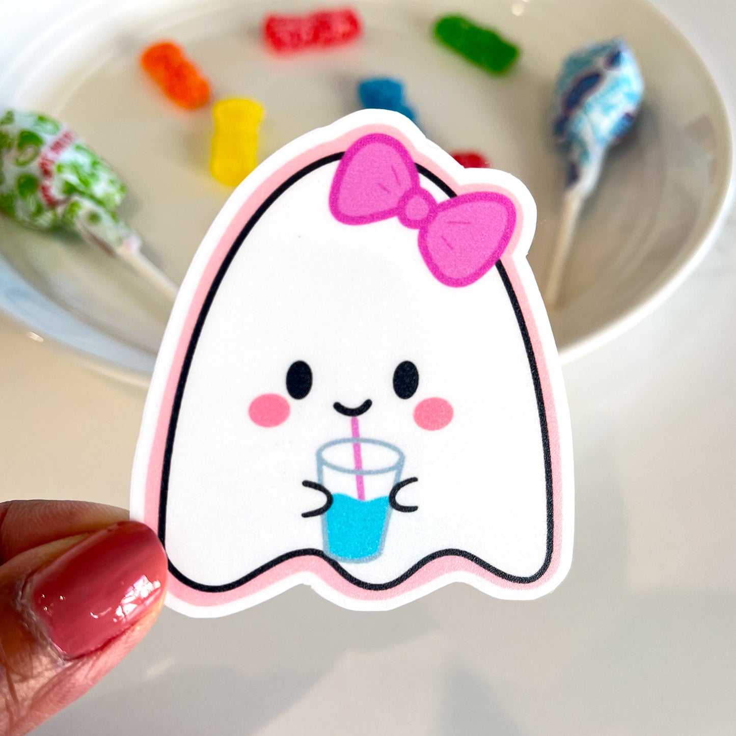 Hydrating ghost with candy background
