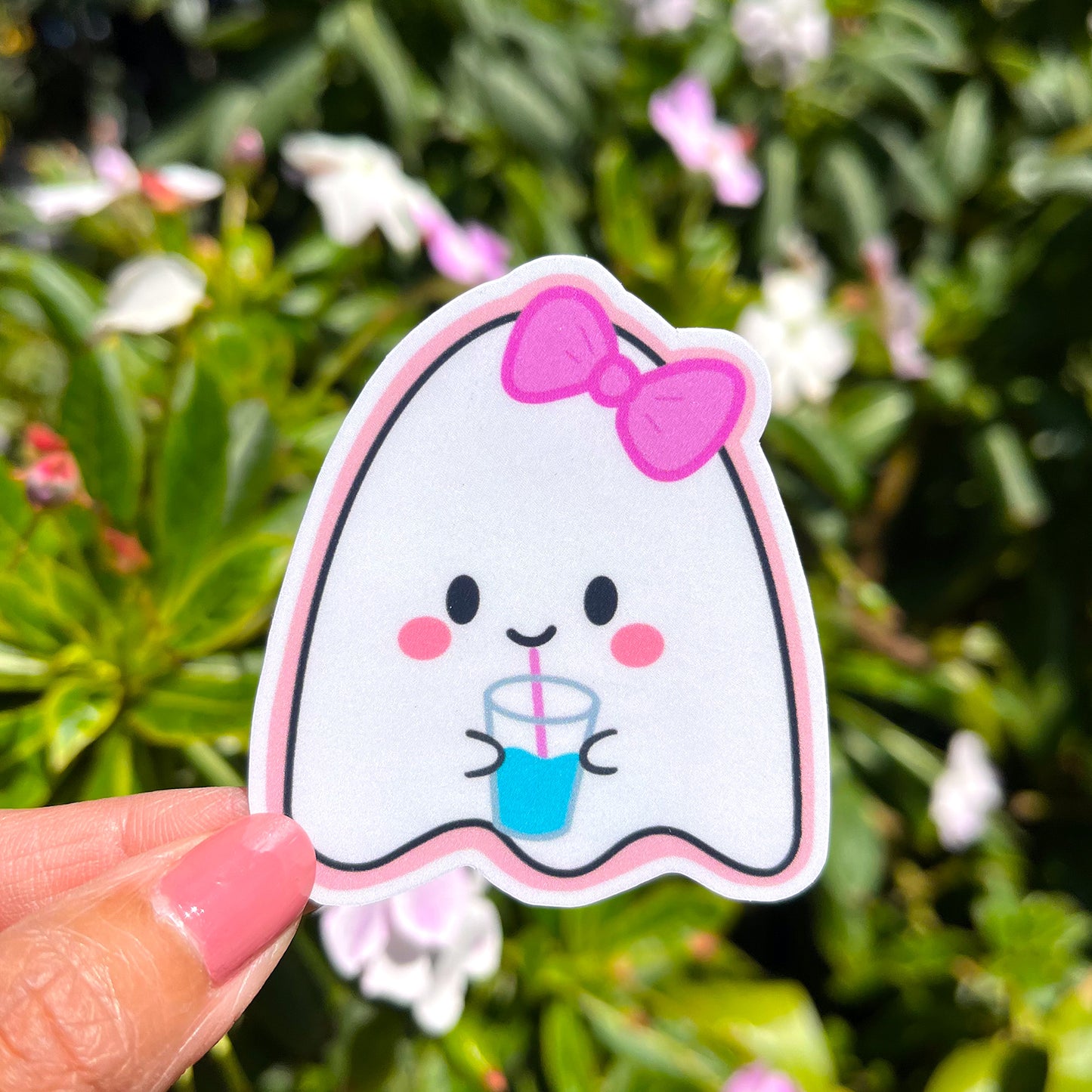 Hydrating ghost outside with flowers