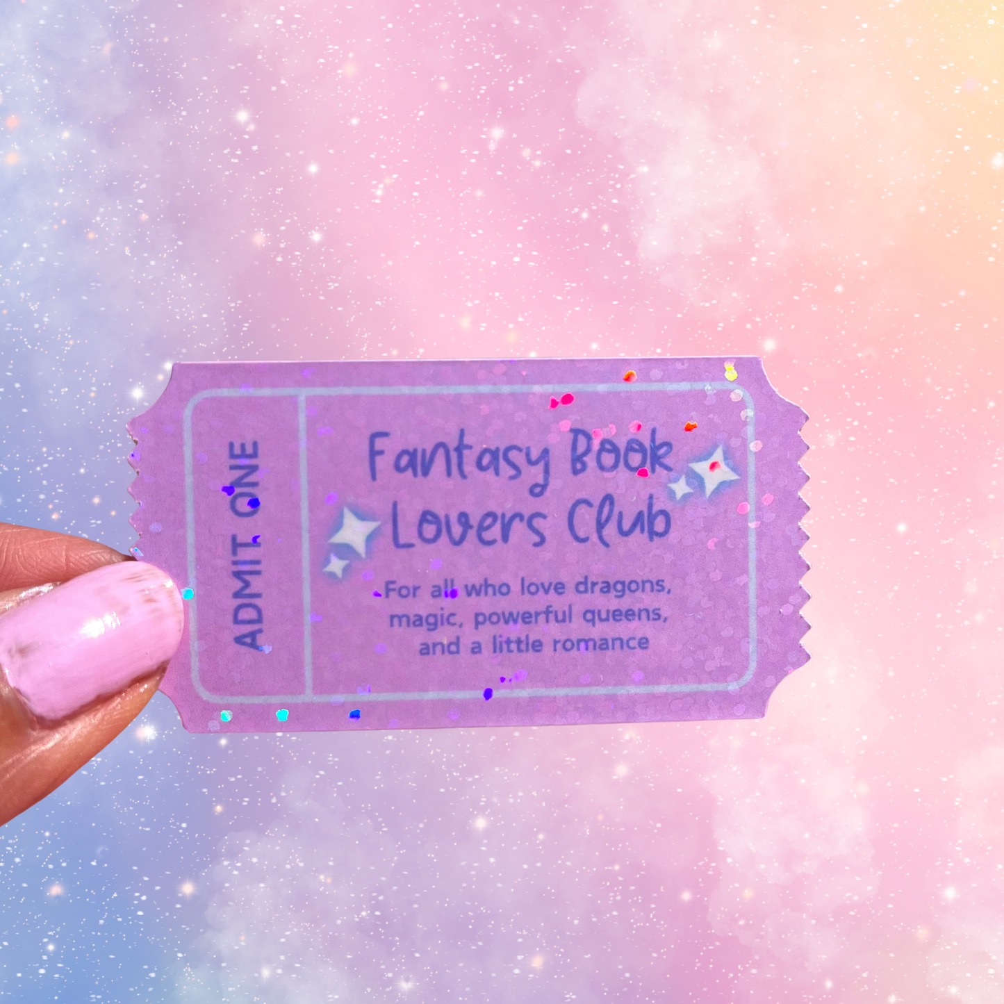 Fantasy Book Lovers Club holographic sticker in the design of a ticket