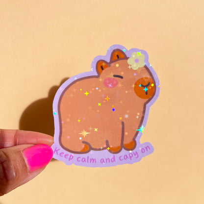 Cute capybara waterproof sticker with saying Keep Calm and Capy On