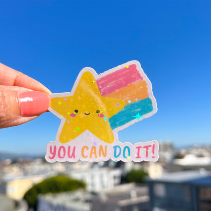 You Can Do It Holographic Star Rainbow sticker with sky background