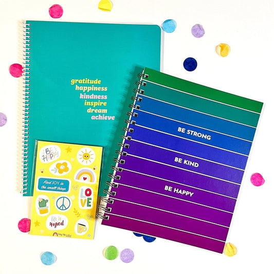 Be Happy Bundle - gift set features Be Strong journal, Get Inspired Notebook, and Happiness stickers