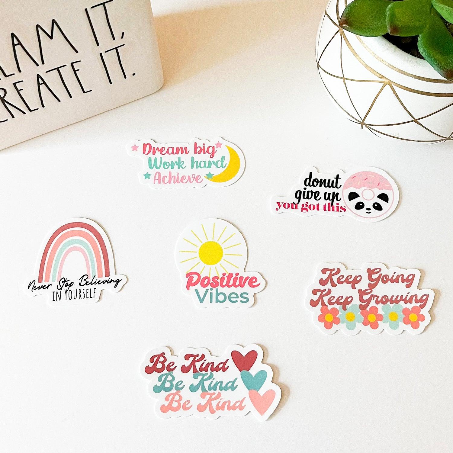 Positive Vibes sticker collection flat lay