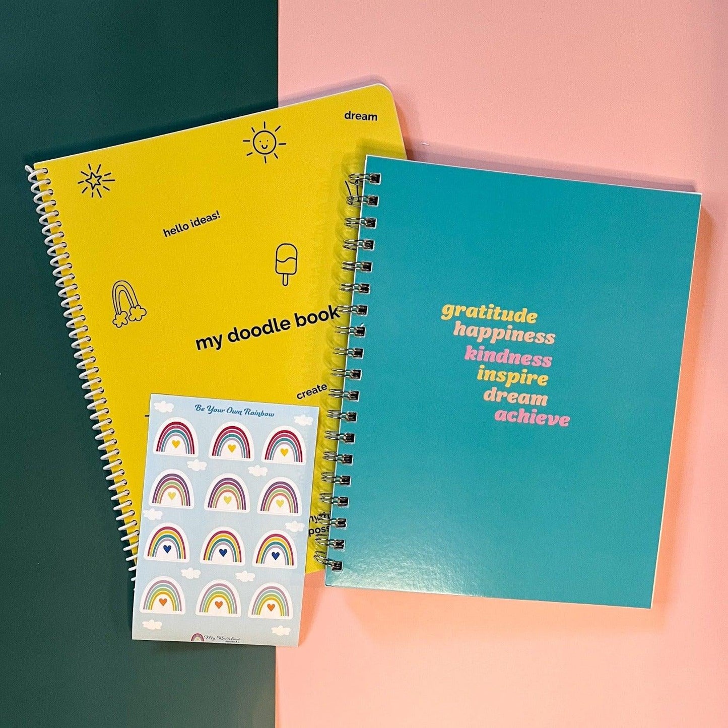 Rainbow Gift Bundle include get inspired journal, yellow doodle book notebook and rainbow sticker sheet