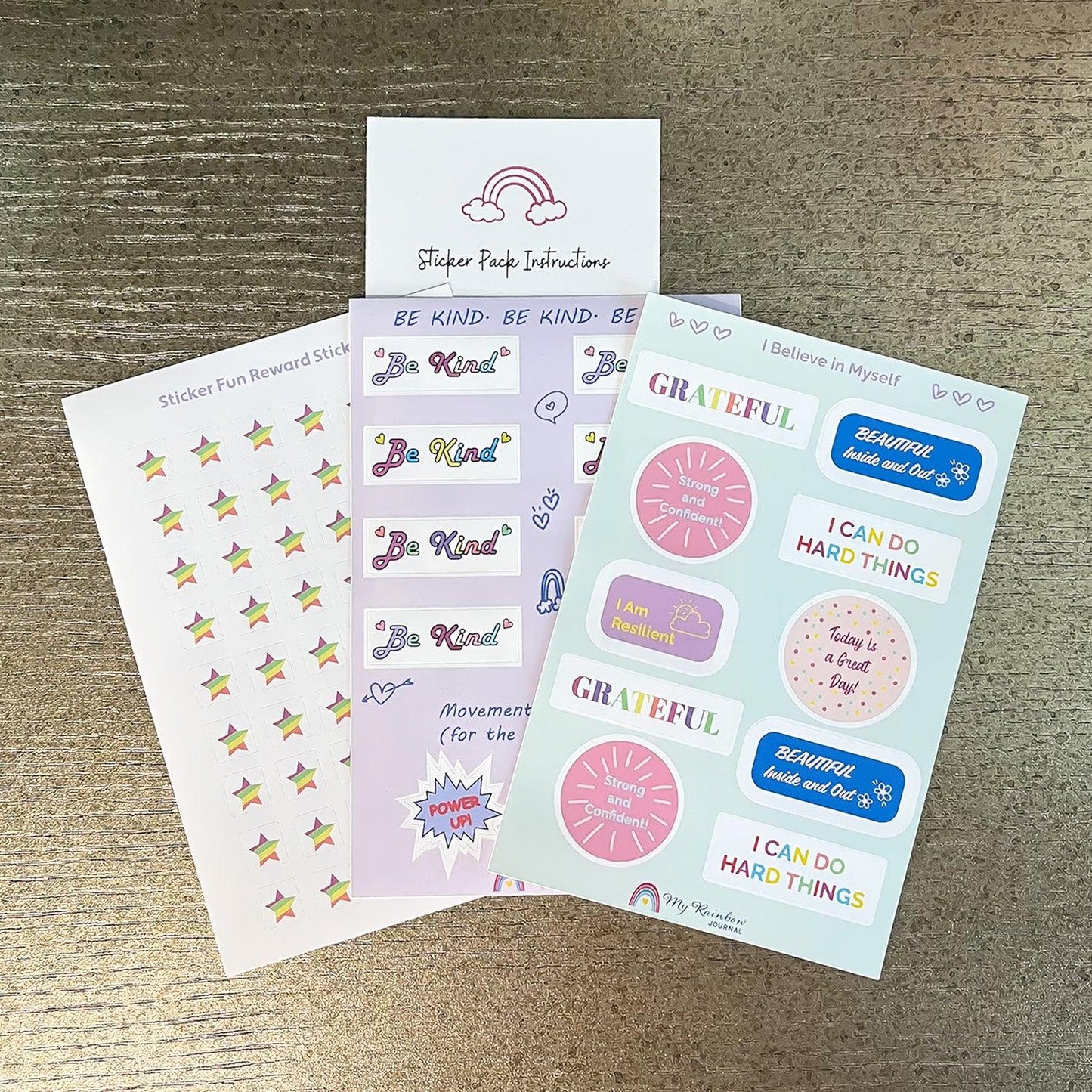 Sticker pack with 3 sticker sheets included with each journal. Sticker Fun Reward, Be Kind, and I Believe in Myself stickers feature colorful and unique designs to be used with My Rainbow Journal.