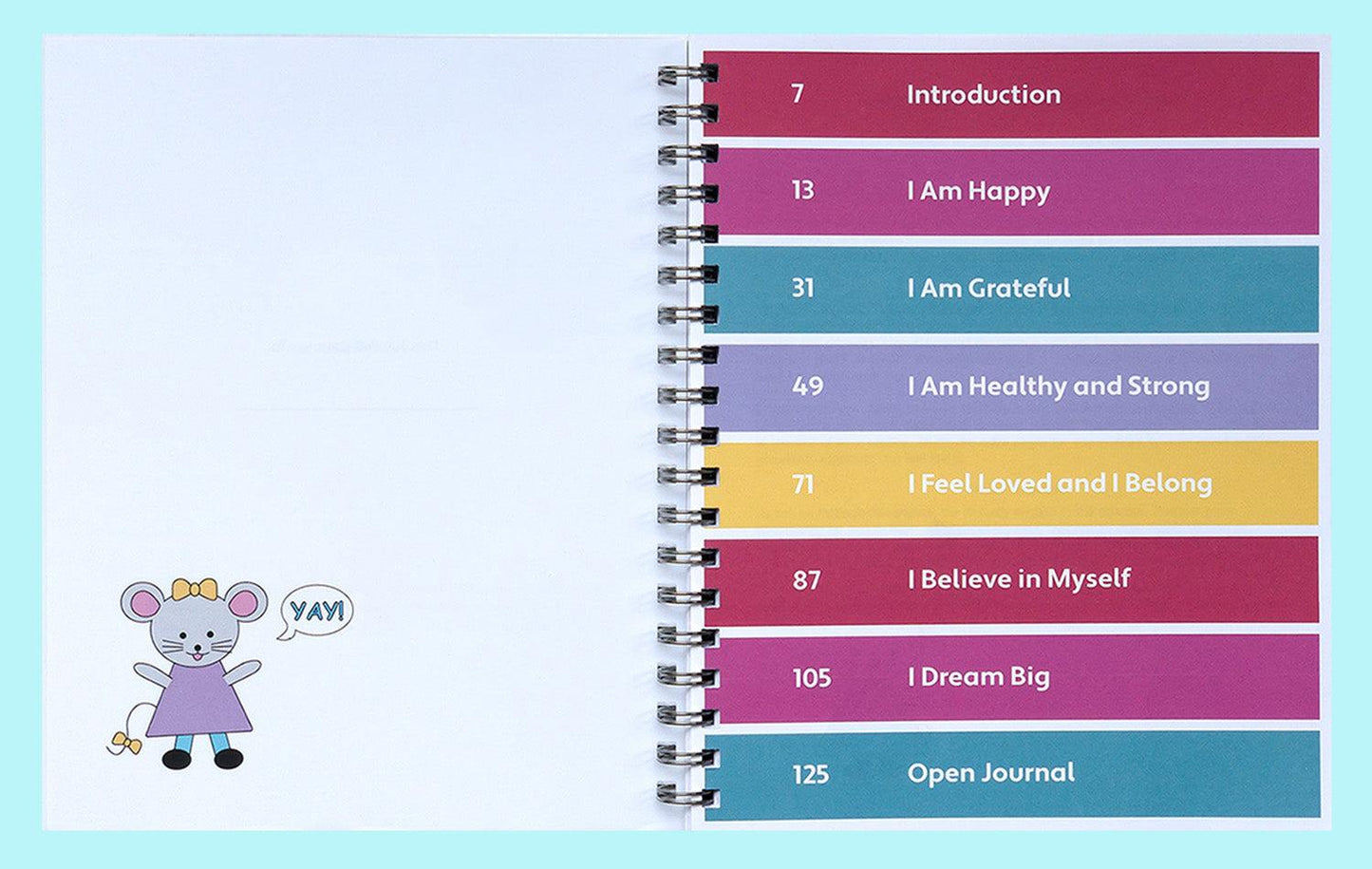 Colorful rainbow table of contents featuring section headers. Cute illustration of a mouse saying Yay!