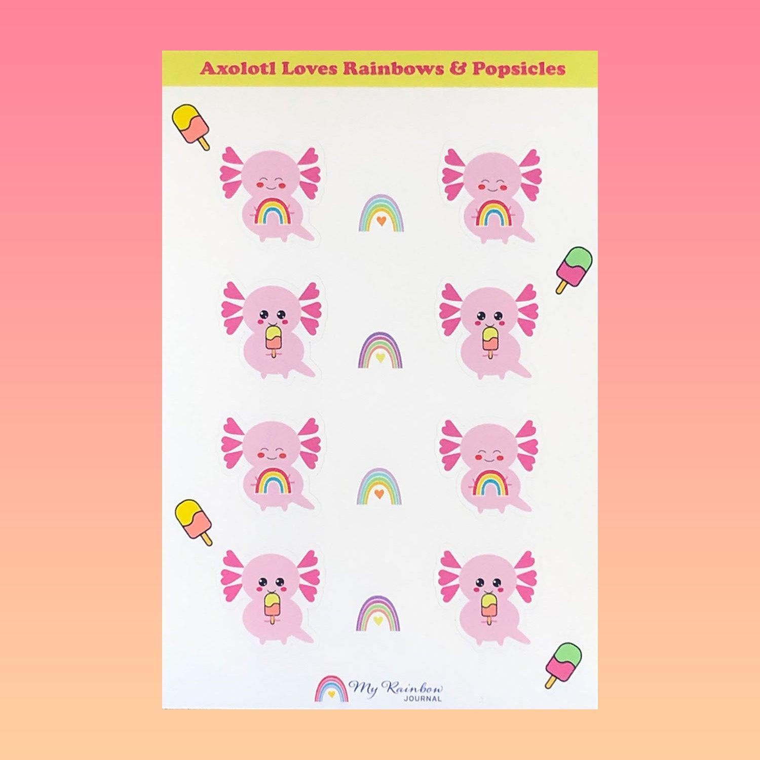 Axolotl Loves Rainbows and Popsicles Sticker Sheet - adorable pink axolotl stickers holding rainbows and eating popsicles