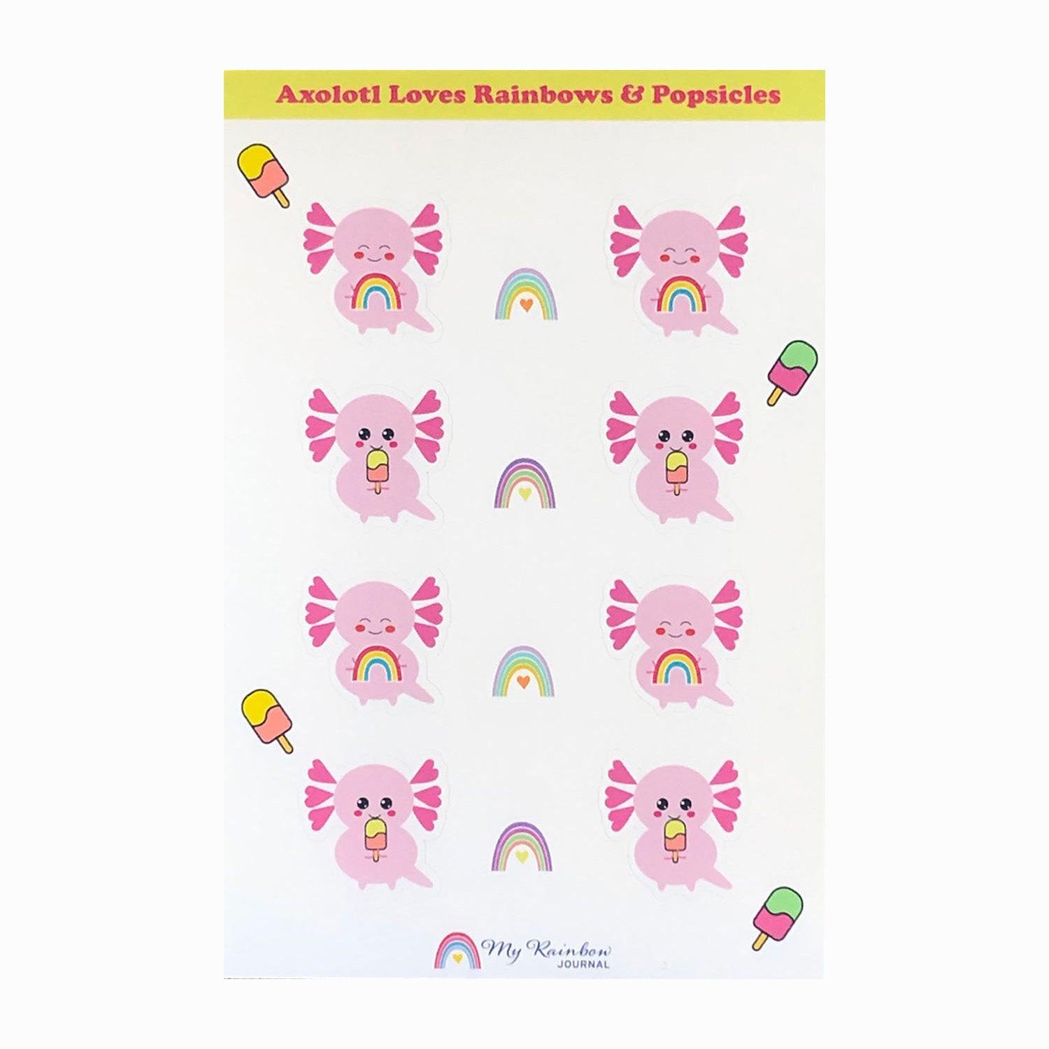 Axolotl Loves Rainbows and Popsicles Sticker Sheet - adorable pink axolotl stickers holding rainbows and eating popsicles