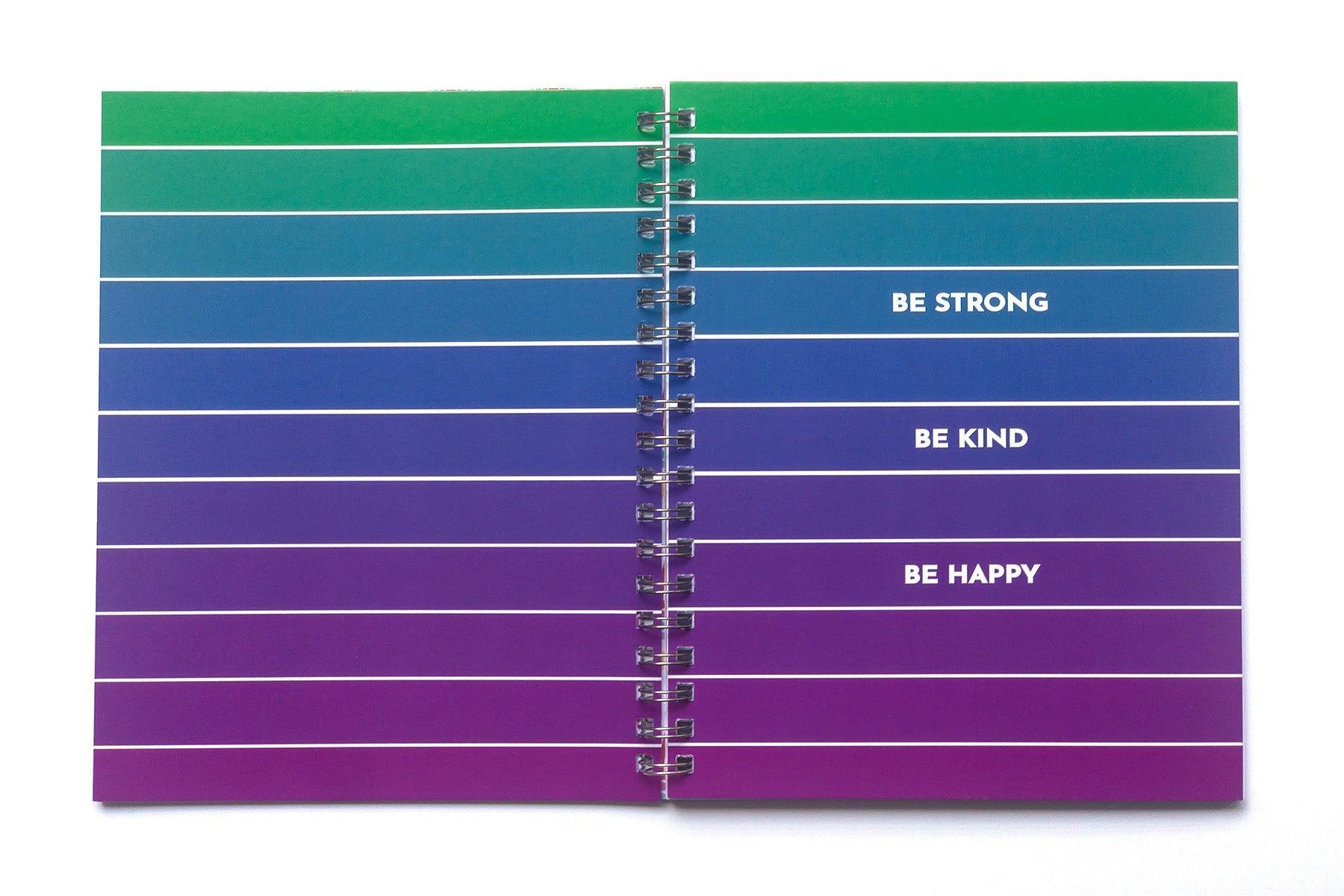 Be Strong Be Kind Be Happy Journal - Green blue purple ombre with words Be Strong, Be Kind, Be Happy on front cover. Same pattern on the back cover with no words.