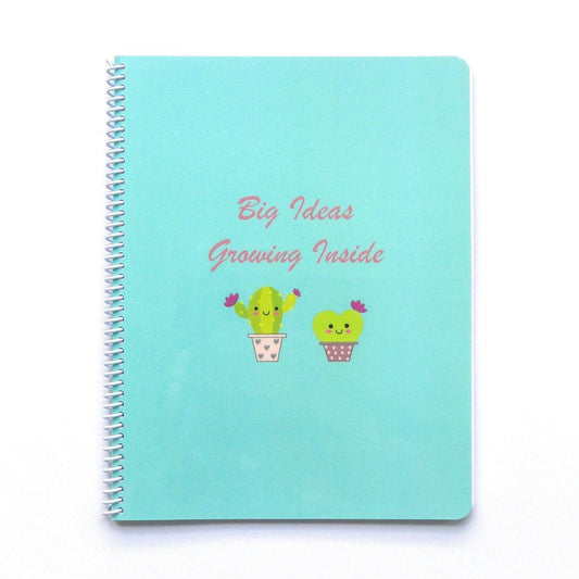 Big Ideas Notebook features adorable cacti characters on a light blue background with phrase Big Ideas Growing Inside