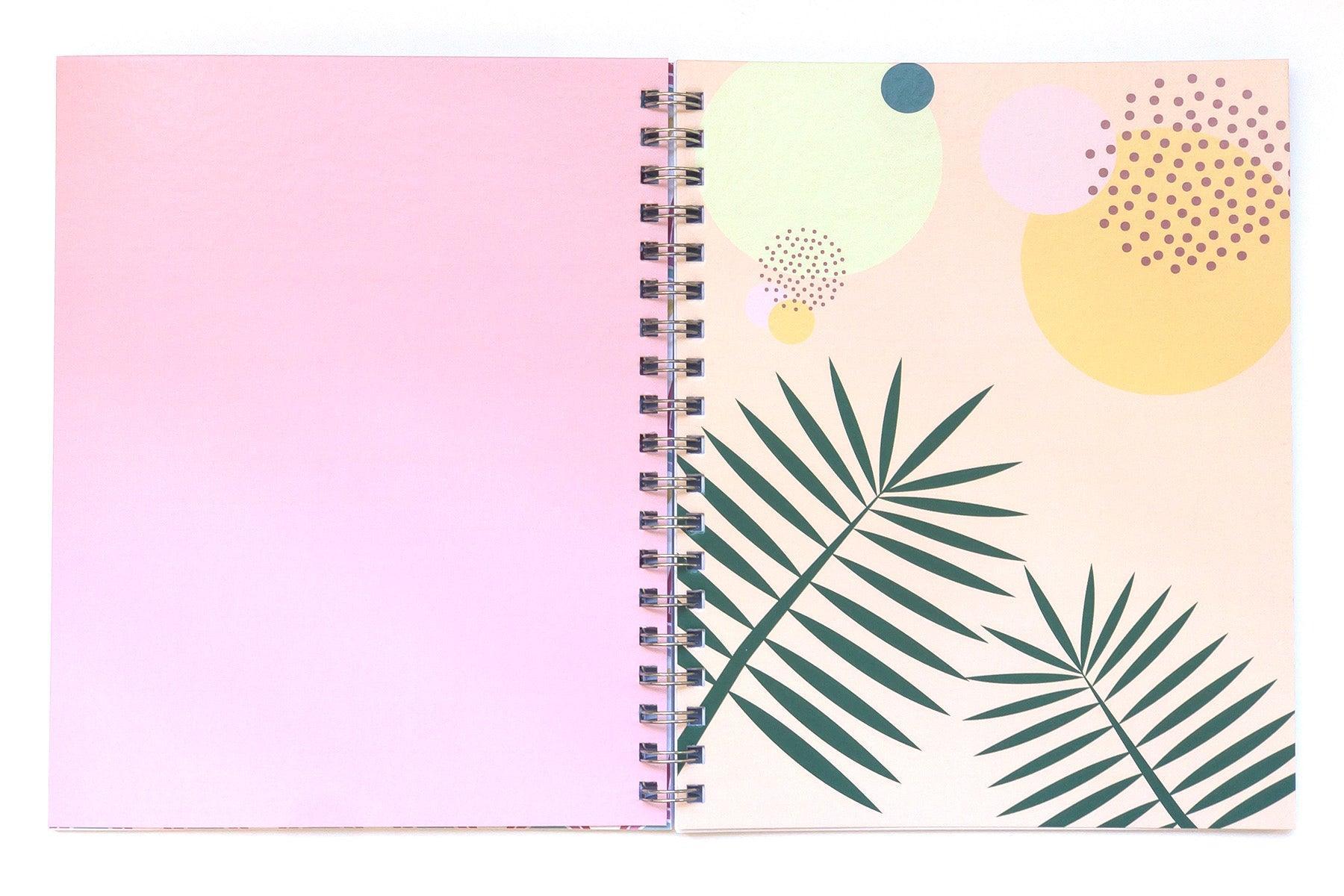 Cool and Calm Journal - front cover featuring palm leaves and neutral abstract figures. Back cover is a beautiful neutral solid pink.