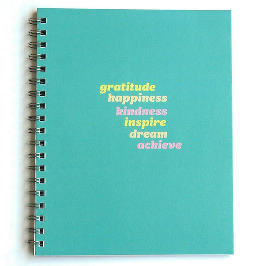 Get Inspired Journal - Front cover with inspirational words like gratitude, happiness, kindness, inspire, dream, and achieve 
