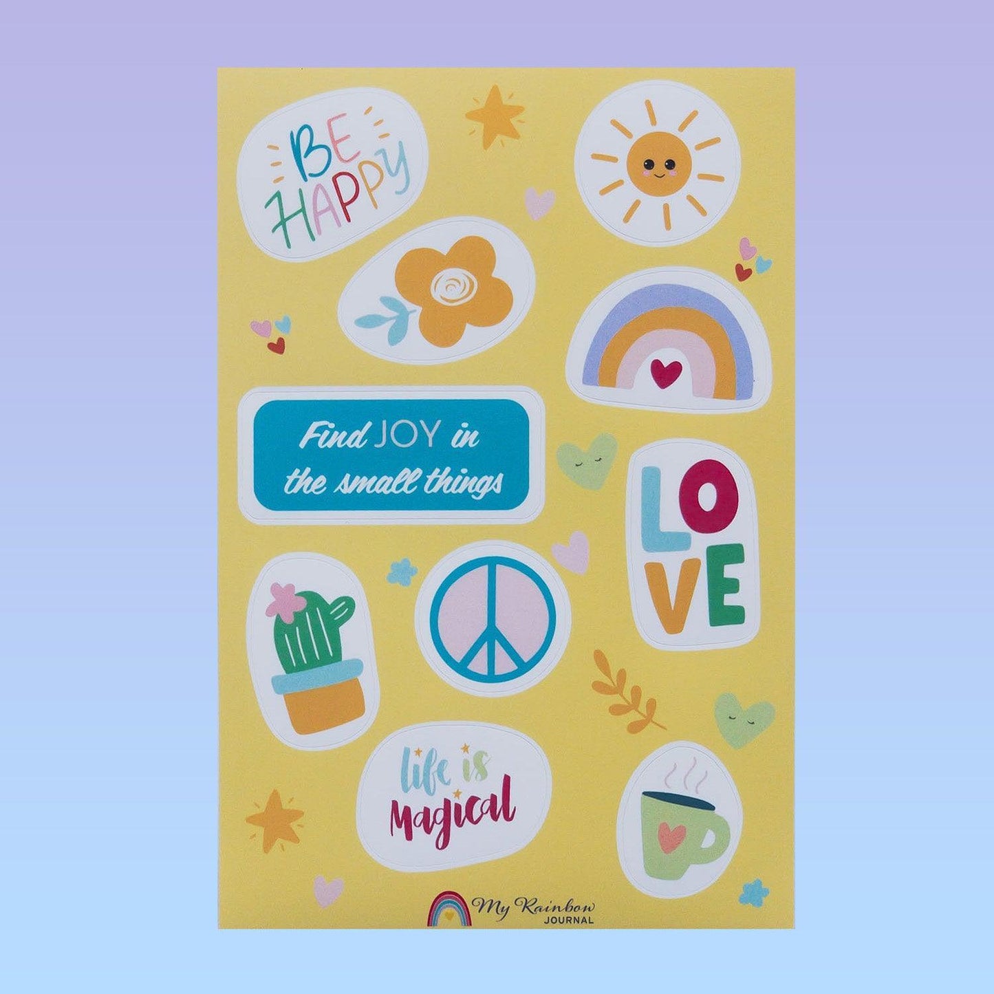 Happiness Sticker Sheet features stickers that will make you smile set against a yellow background.