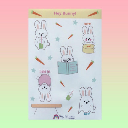 Hey Bunny! Sticker Sheet features a cute bunny that is always trying her best and likes to have fun. 