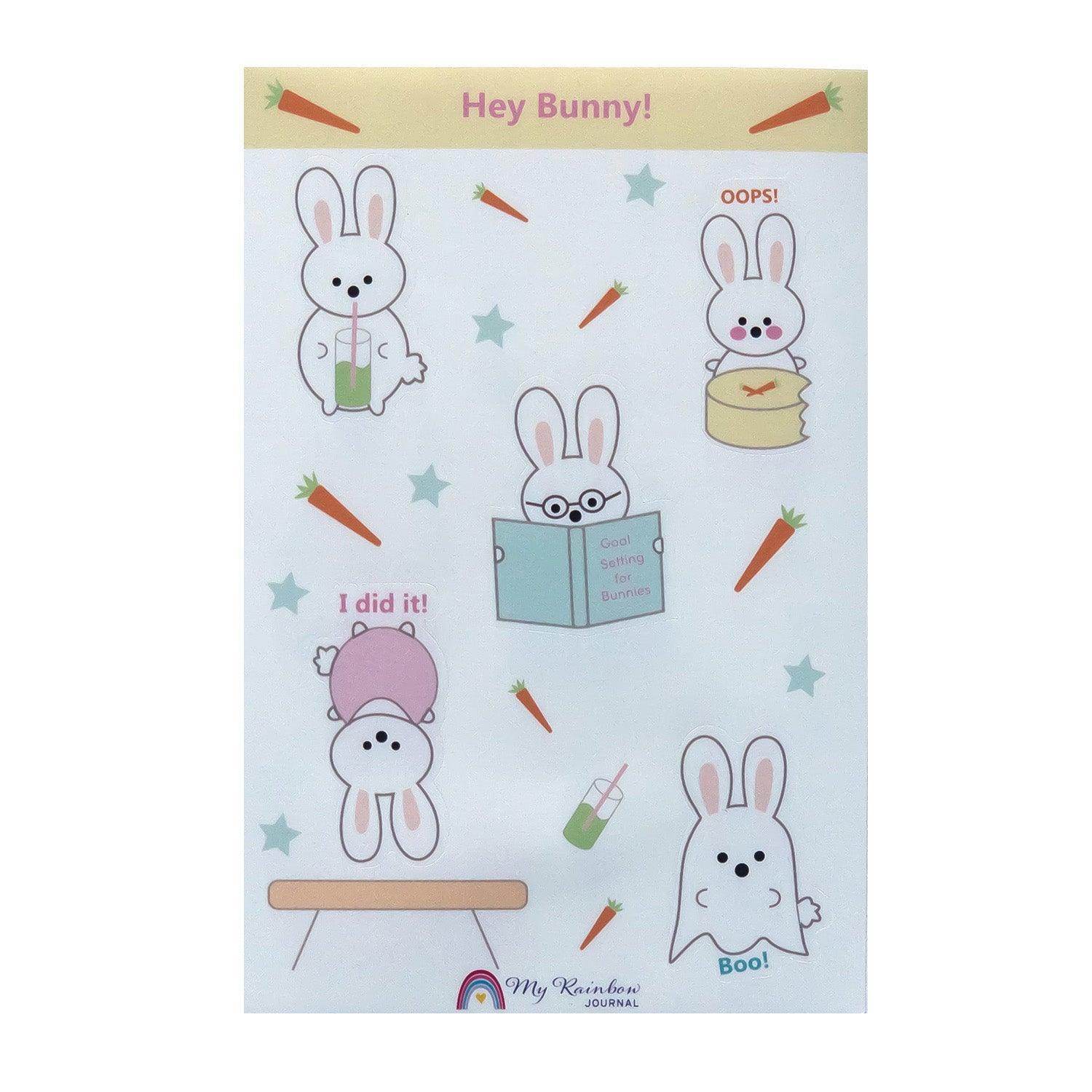 Hey Bunny! Sticker Sheet features a cute bunny that is always trying her best and likes to have fun. 