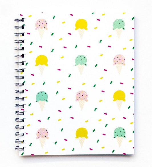 Ice Cream with Sprinkles Journal – front cover features a yummy and adorable ice cream pattern with rainbow sprinkles in the background.