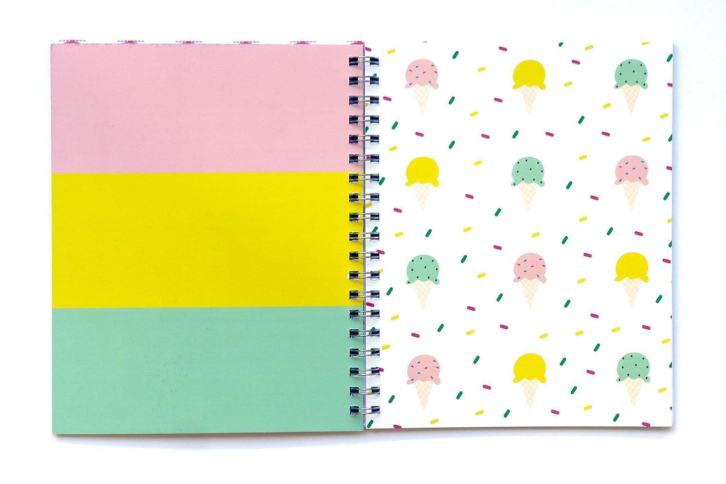 Ice Cream with Sprinkles Journal – front cover features a yummy and adorable ice cream pattern with rainbow sprinkles in the background. Back cover has solid large stripes in pink, yellow, and green.