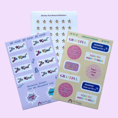 Sticker pack with 3 sticker sheets included with each journal. Sticker Fun Reward, Be Kind, and I Believe in Myself stickers feature colorful and unique designs to be used with My Rainbow Journal. 