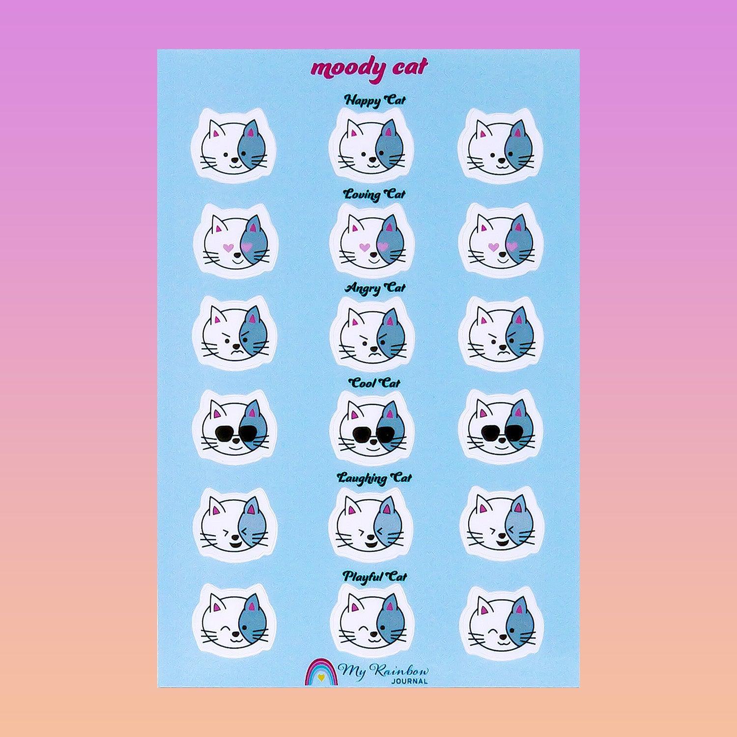 Moody Cat Sticker Sheet features a cat that is very moody and expresses different emotions in a funny and adorable way.