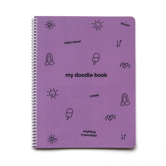 My Purple Doodle Book features a purple cover with playful doodles and words to inspire creativity in your kids