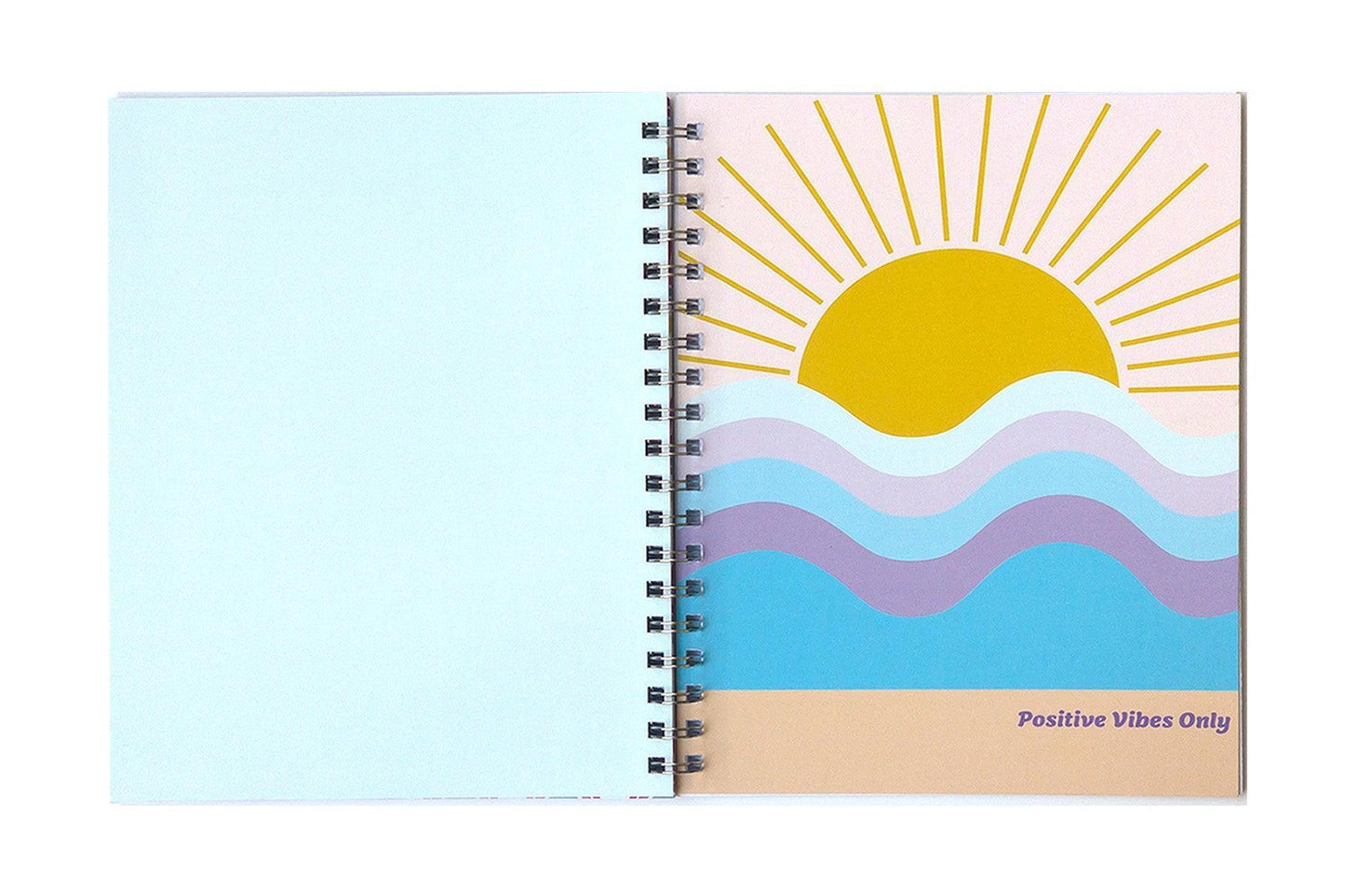Positive Vibes Only Journal - Sun coming down at horizon of beach front cover with Positive Vibes Only phrase. Light blue back cover.