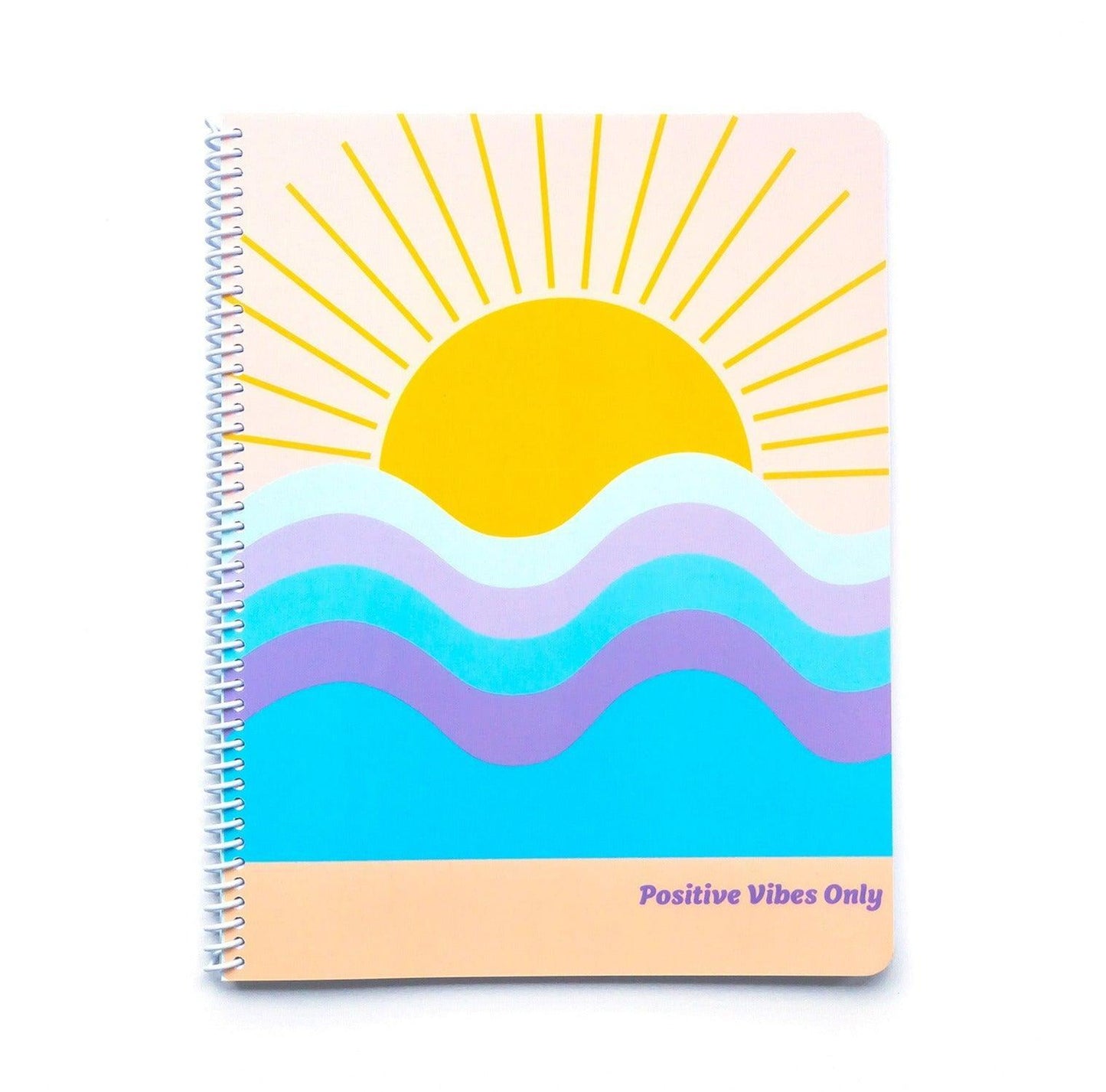 Positive Vibes Only Notebook - The front cover features a beautiful sun coming over the horizon at the beach with phrase Positive Vibes Only.