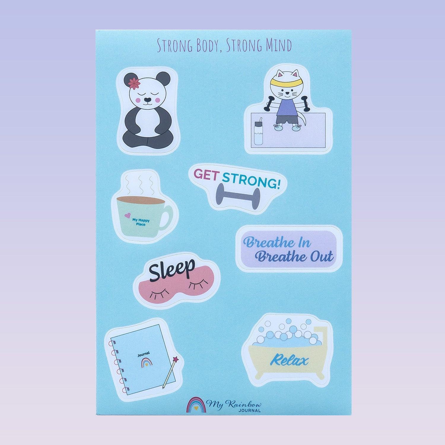 Strong Body, Strong Mind Sticker Sheet features stickers that emphasize the importance of self-care and taking time for your body and mind.